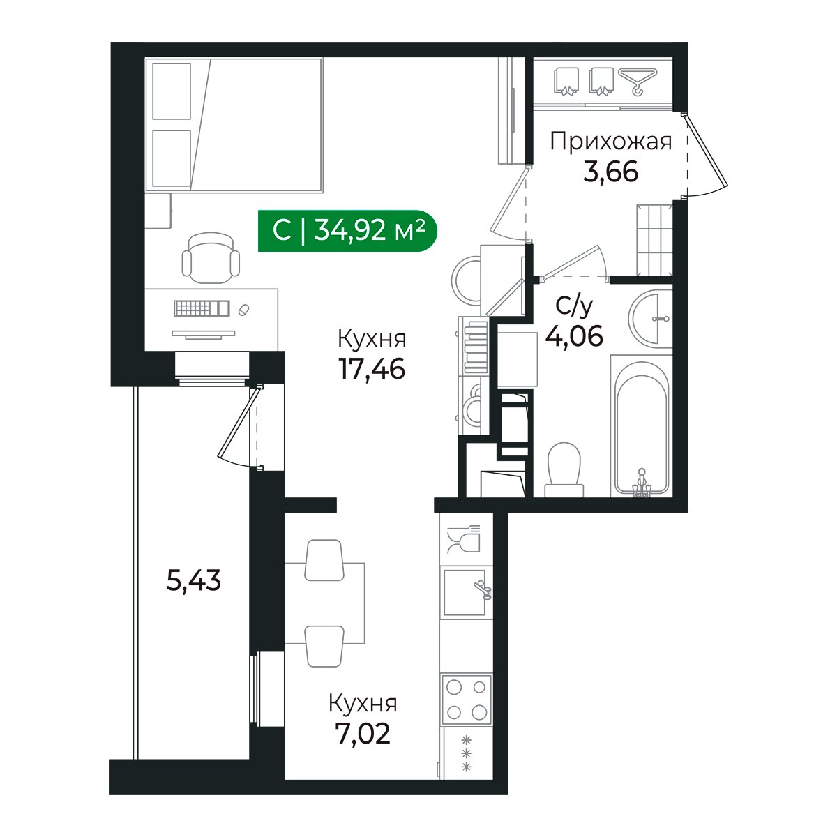 Планировка: студия, 31,7 м²
