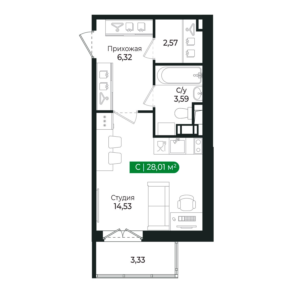 Планировка: студия, 27,0 м²