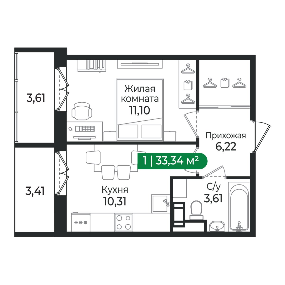 Планировка: 1-комнатная квартира, 33,3 м²