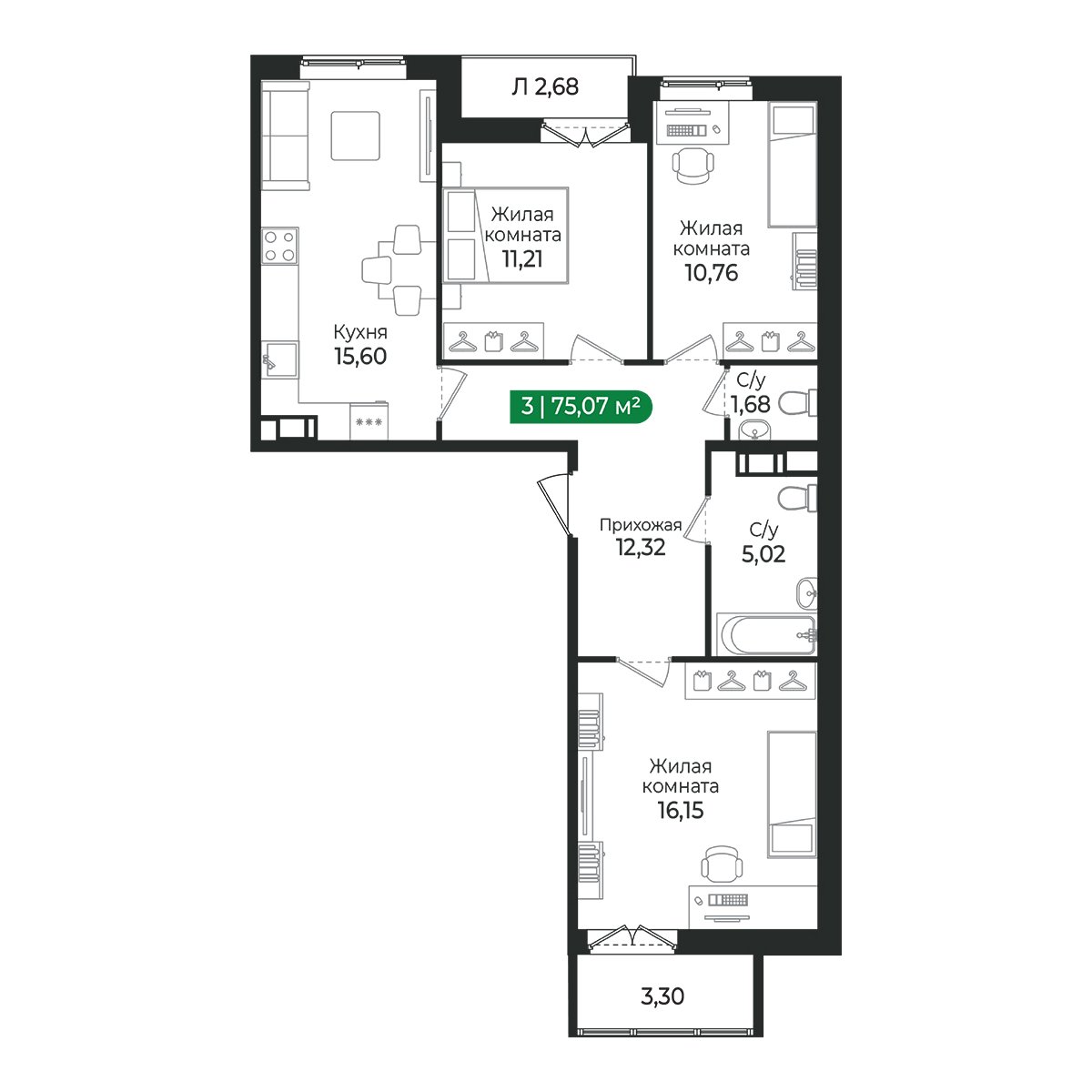 Планировка: 3-комнатная квартира, 75,1 м²