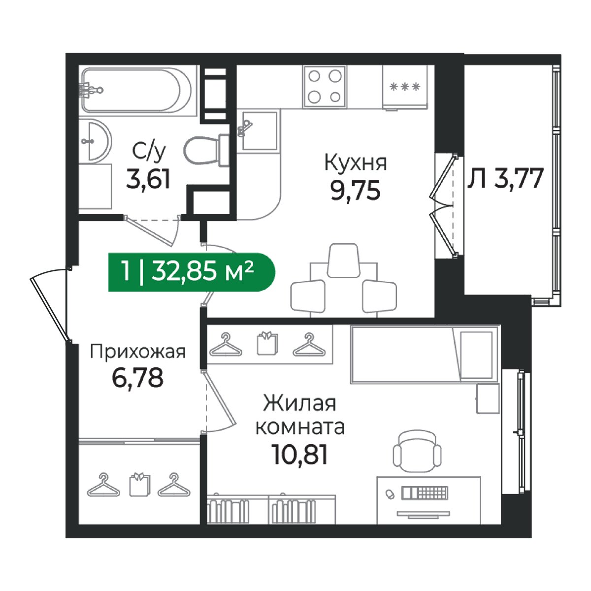 Планировка: 1-комнатная квартира, 32,9 м²