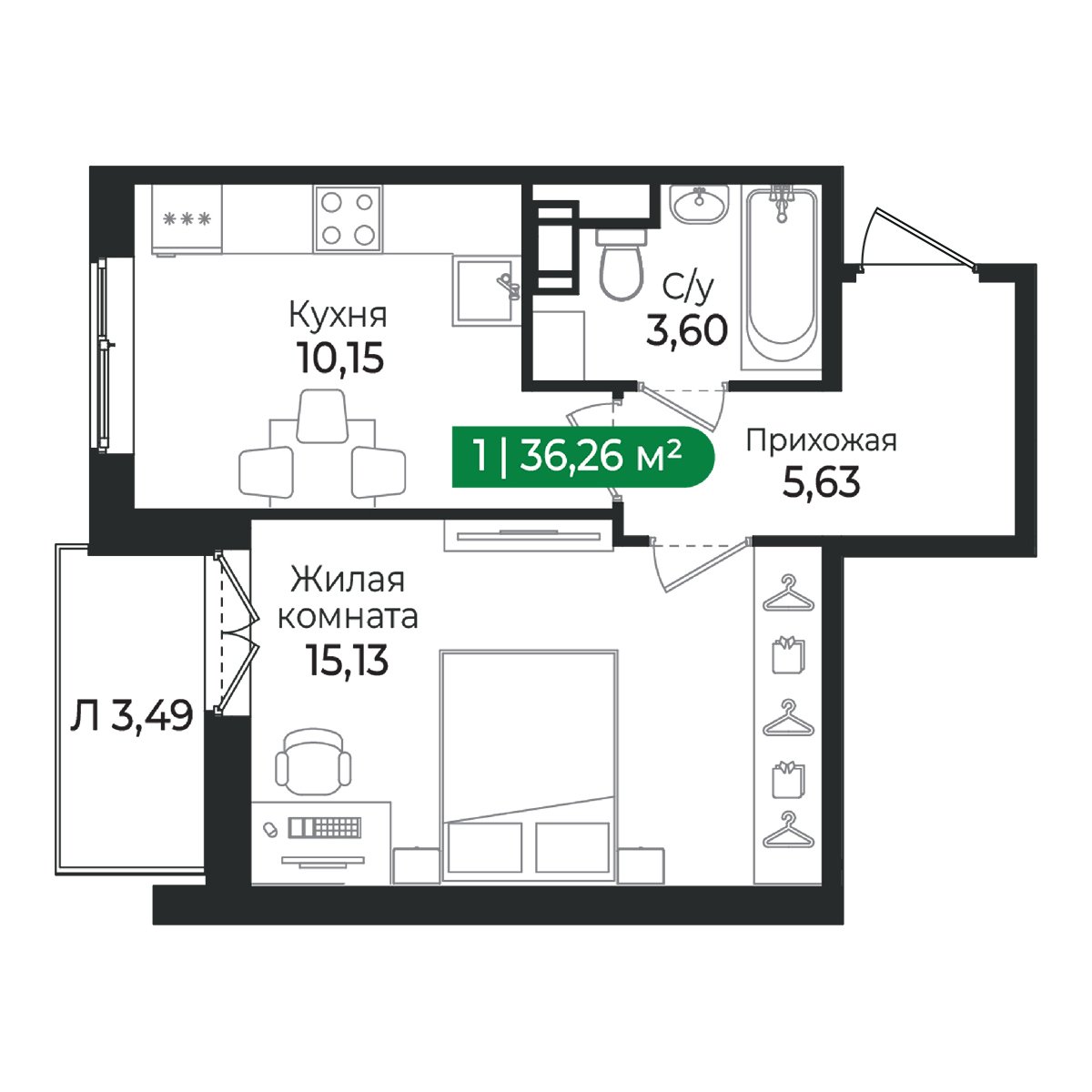 Планировка: 1-комнатная квартира, 36,3 м²