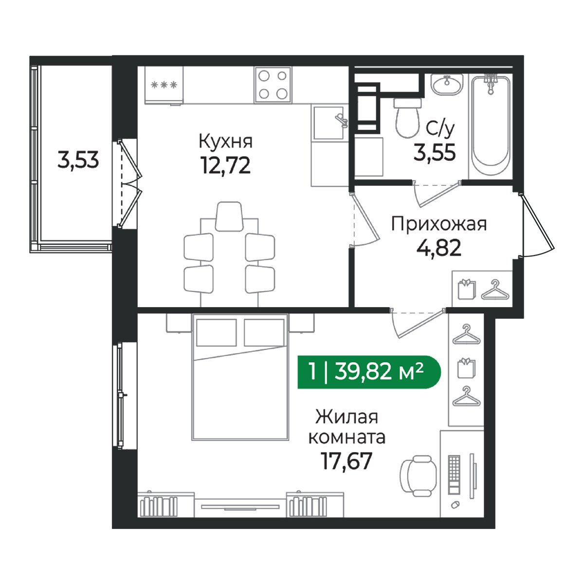 Планировка: 1-комнатная квартира, 39,8 м²