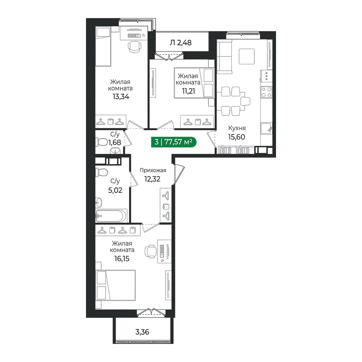 Планировка: 3-комнатная квартира, 77,6 м²