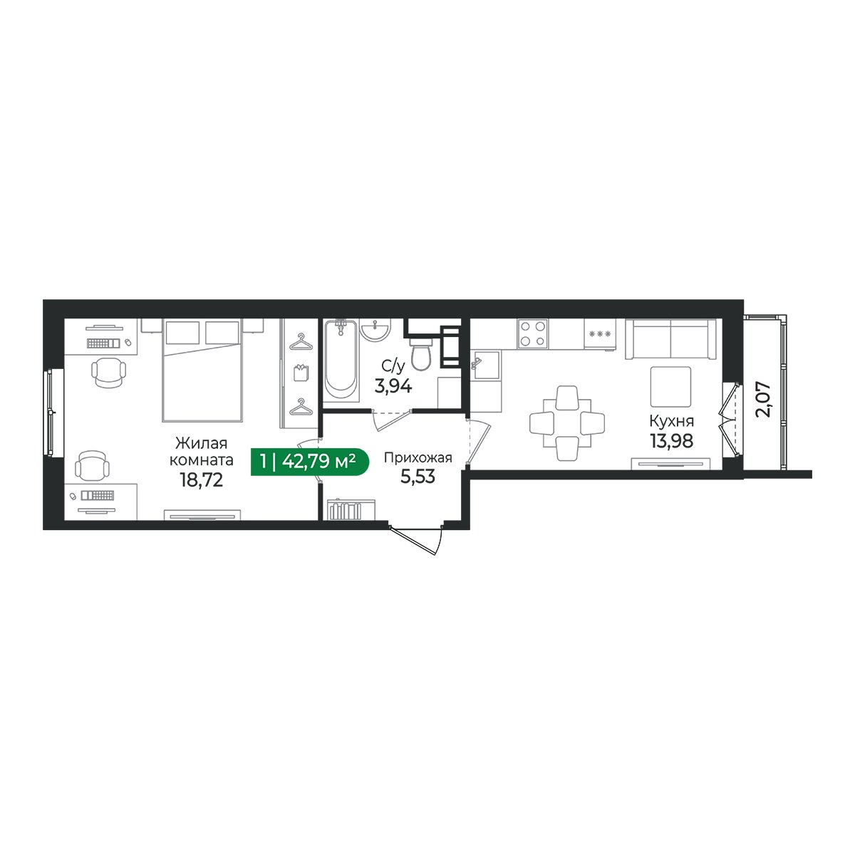 Планировка: 1-комнатная квартира, 42,8 м²