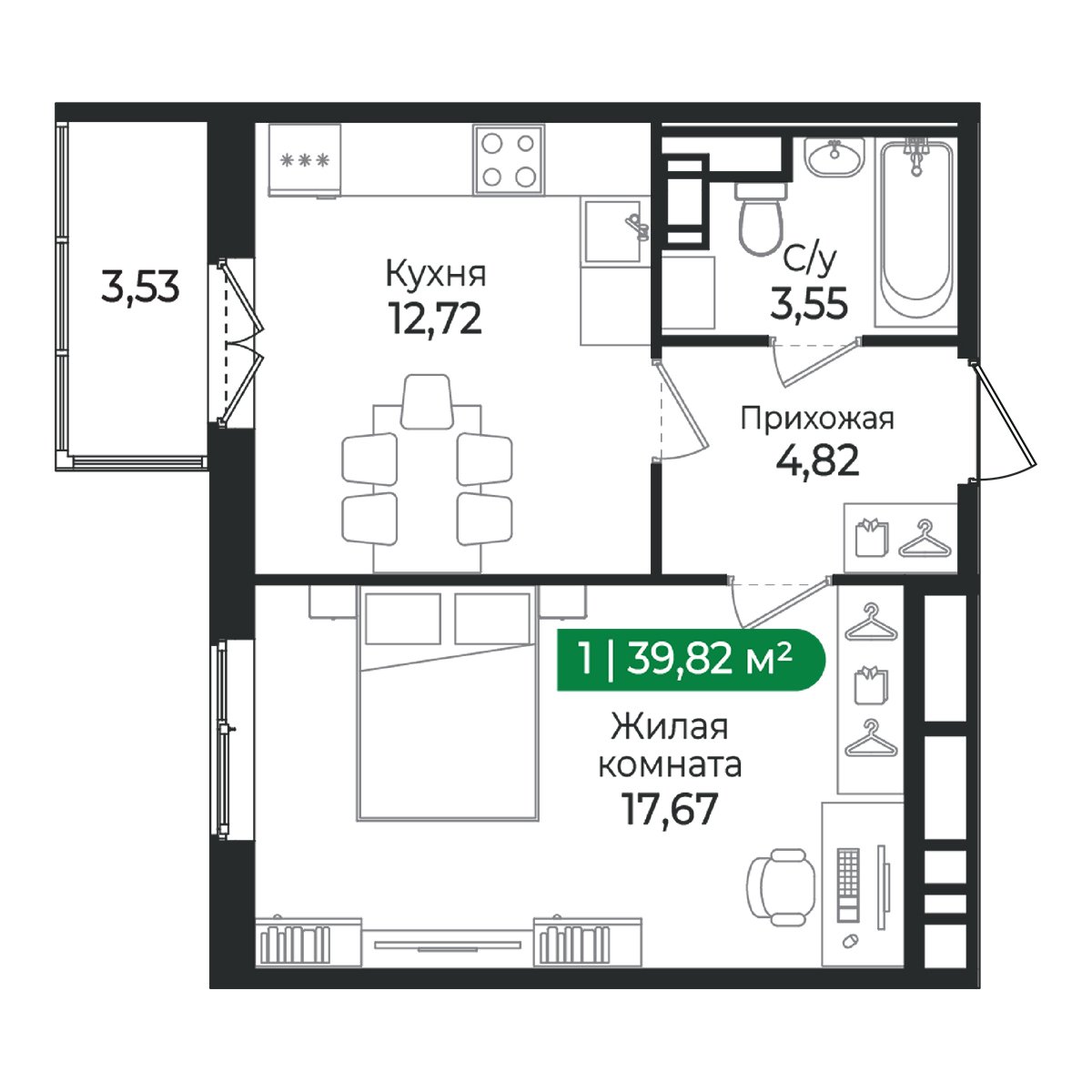 Планировка: 1-комнатная квартира, 39,8 м²