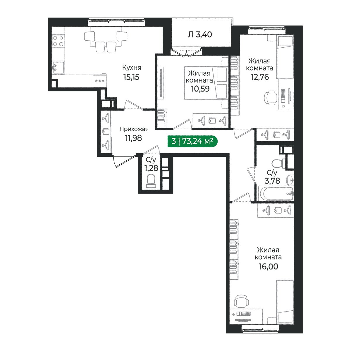 Планировка: 3-комнатная квартира, 73,2 м²