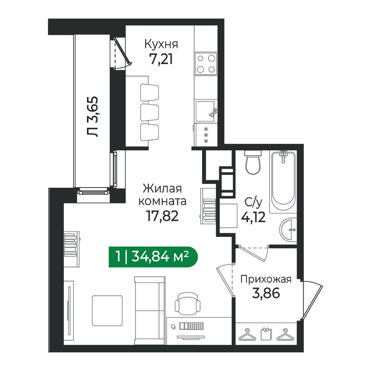 Планировка: 1-комнатная квартира, 34,8 м²