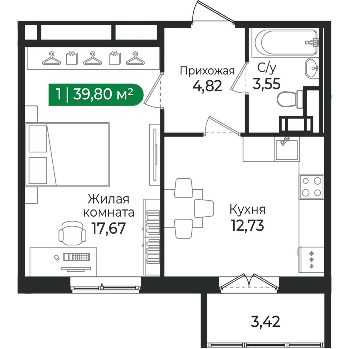 Планировка: 1-комнатная квартира, 39,8 м²