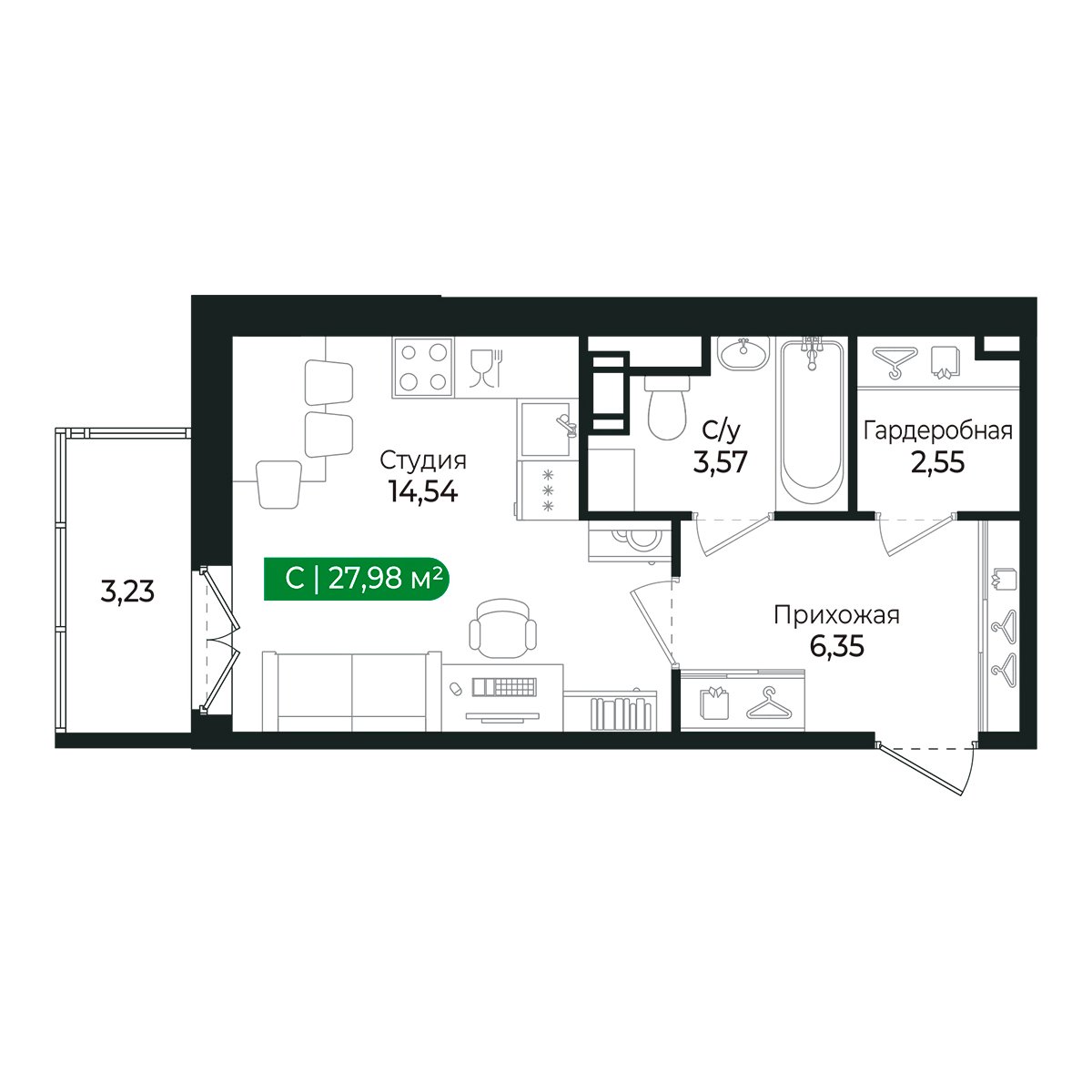 Планировка: студия, 26,7 м²