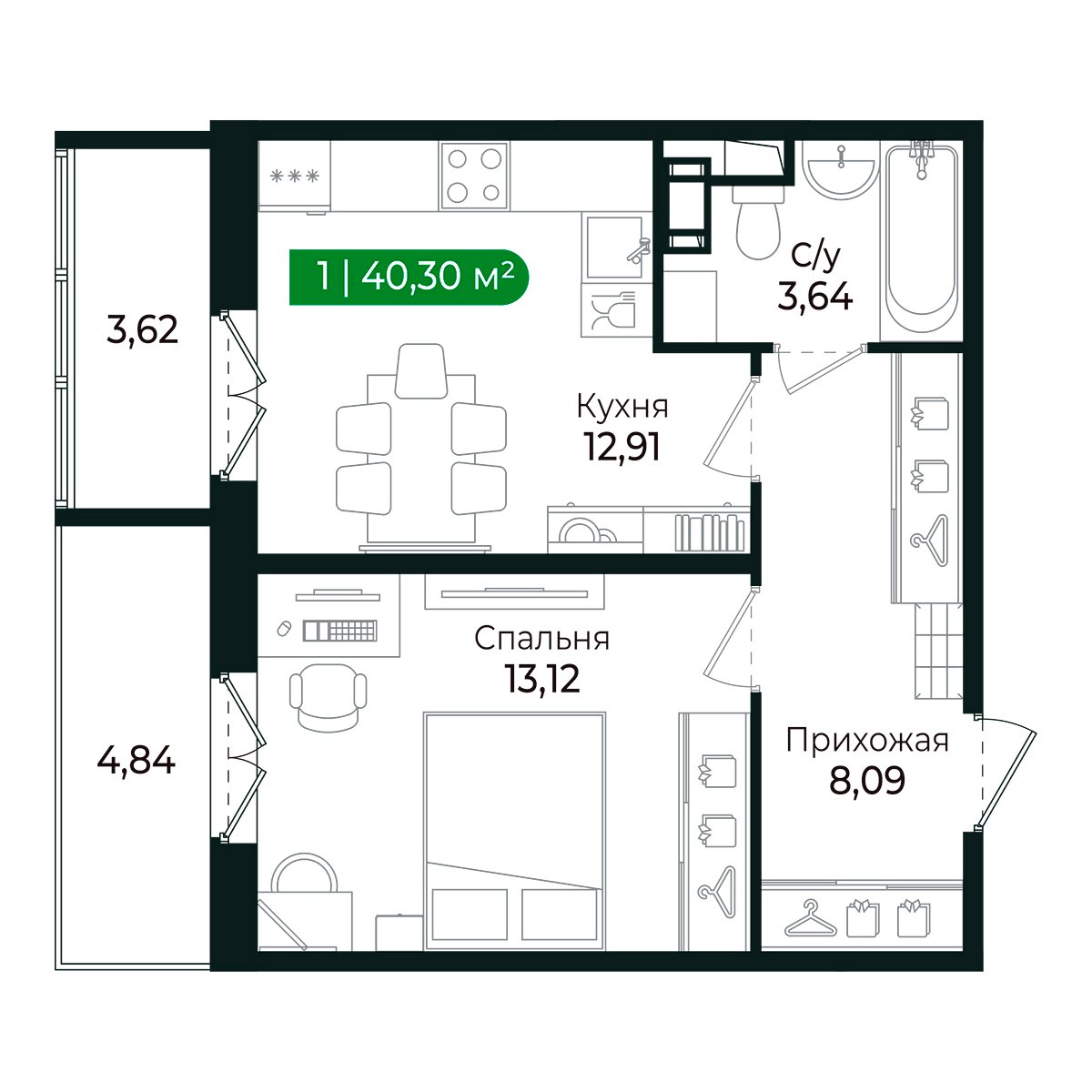 Планировка: 1-комнатная квартира, 37,5 м²