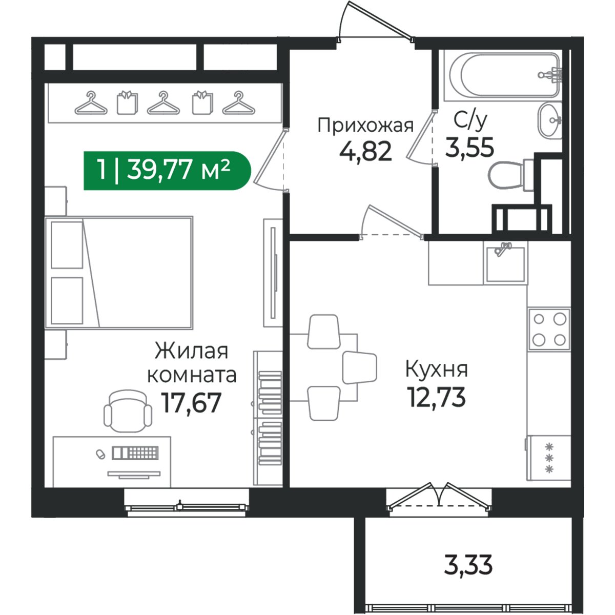 Планировка: 1-комнатная квартира, 39,8 м²