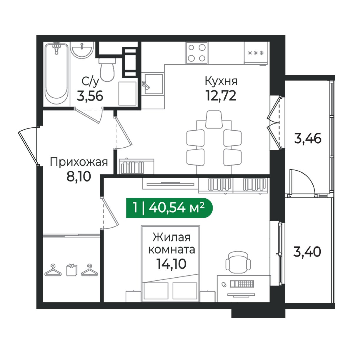 Планировка: 1-комнатная квартира, 40,5 м²