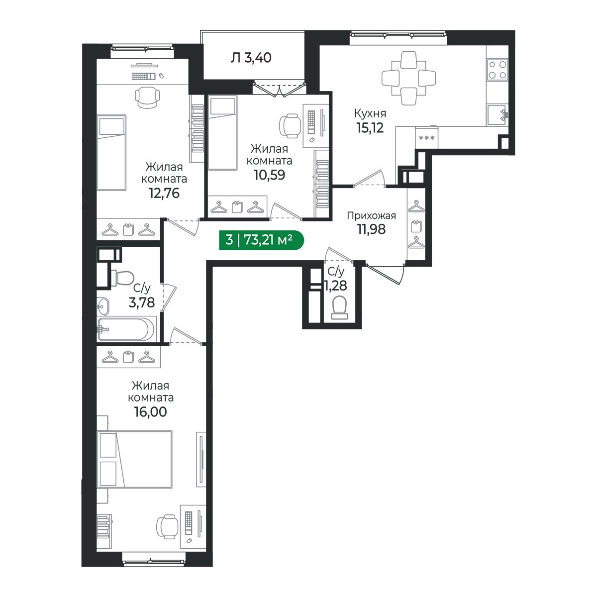 Планировка: 3-комнатная квартира, 73,2 м²