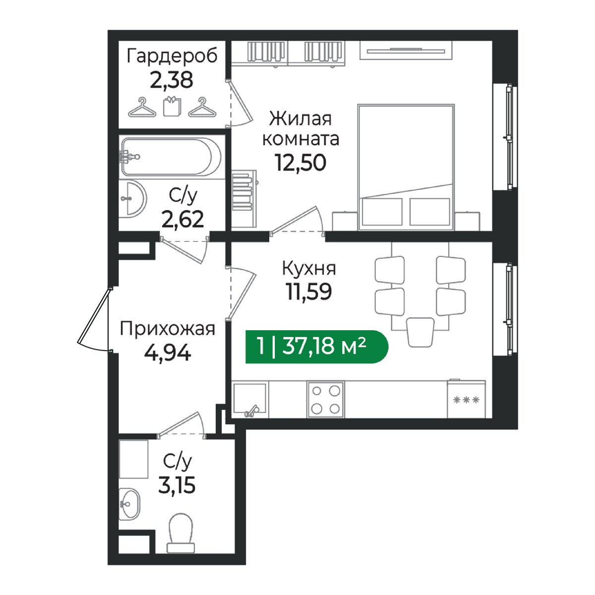 Планировка: 1-комнатная квартира, 37,2 м²