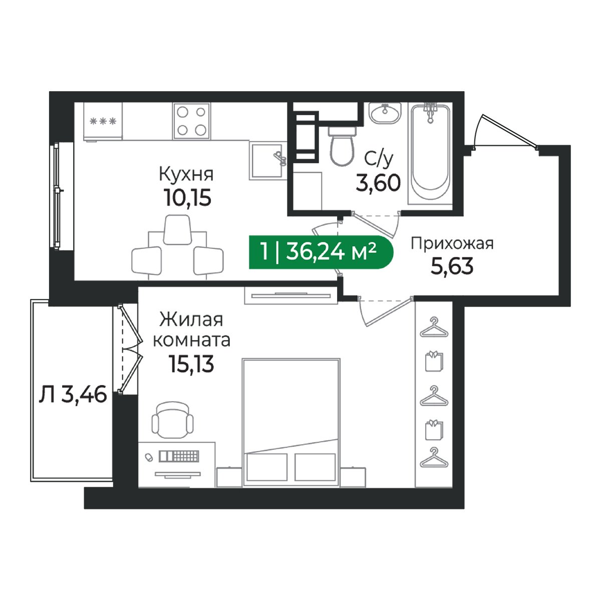 Планировка: 1-комнатная квартира, 36,2 м²