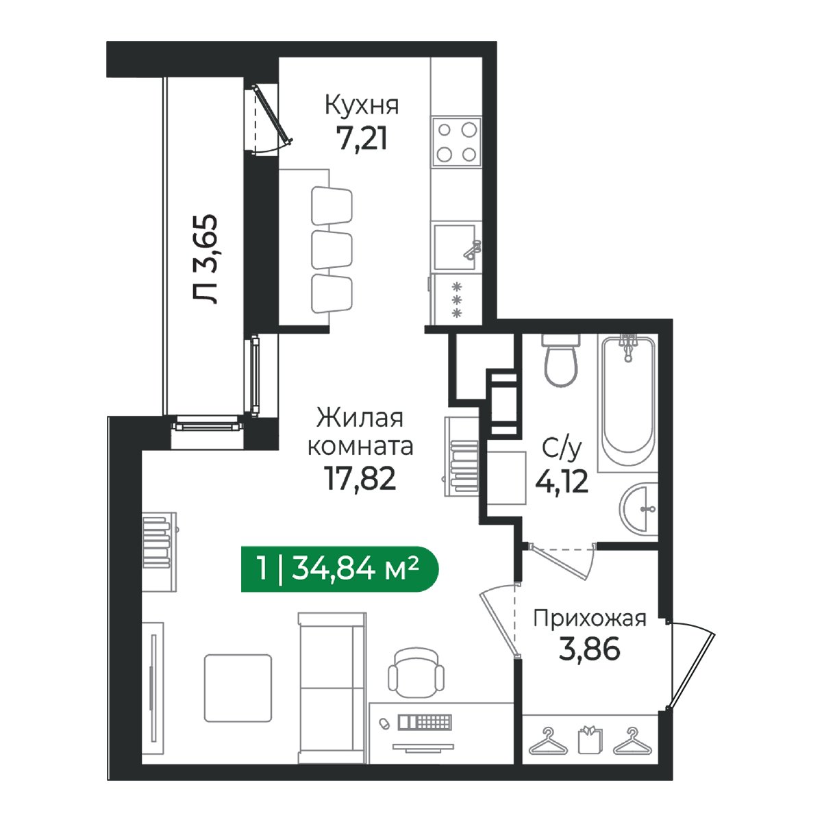 Планировка: 1-комнатная квартира, 34,8 м²