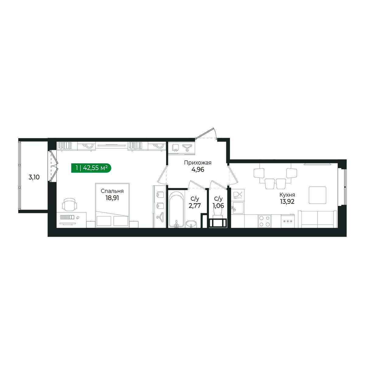 Планировка: 1-комнатная квартира, 41,6 м²