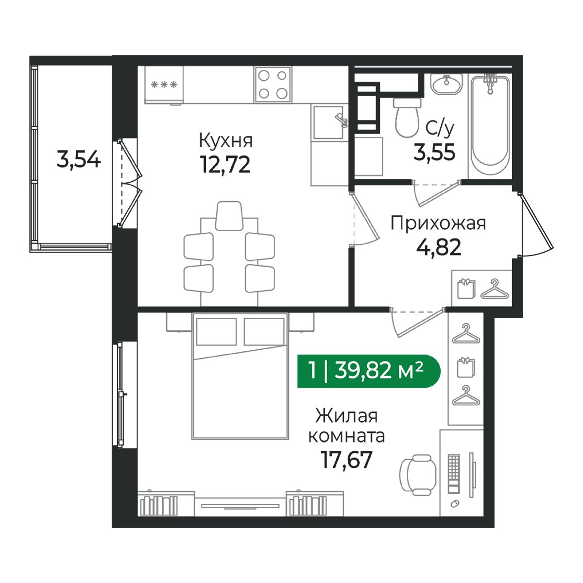 Планировка: 1-комнатная квартира, 39,8 м²