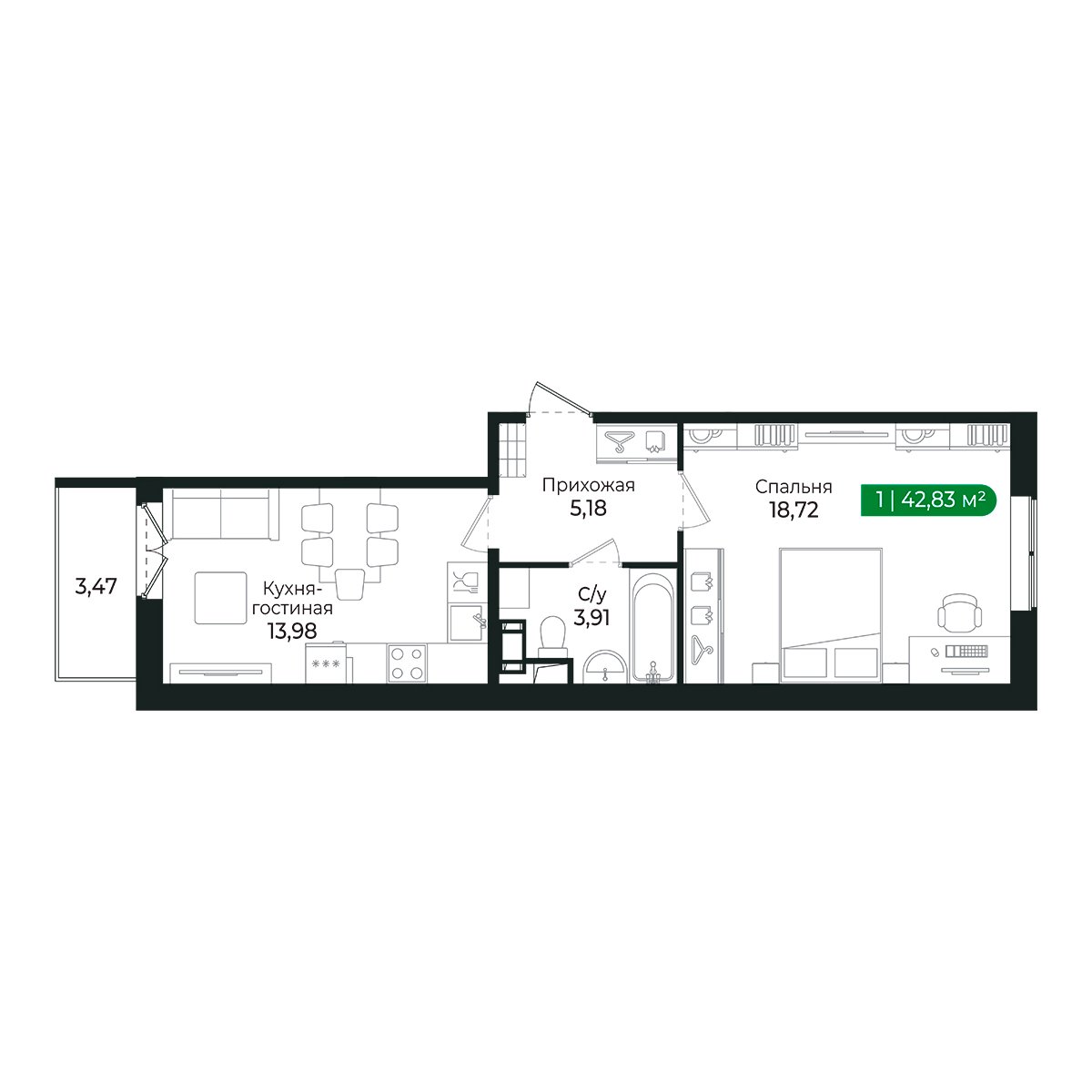 Планировка: 1-комнатная квартира, 41,5 м²
