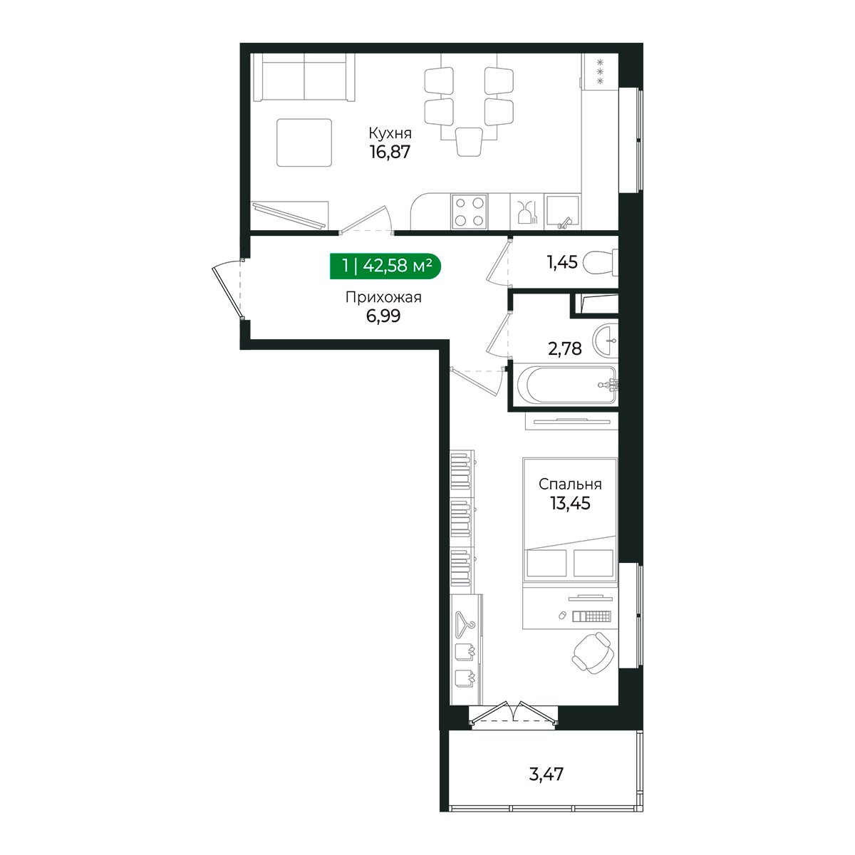 Планировка: 1-комнатная квартира, 41,2 м²
