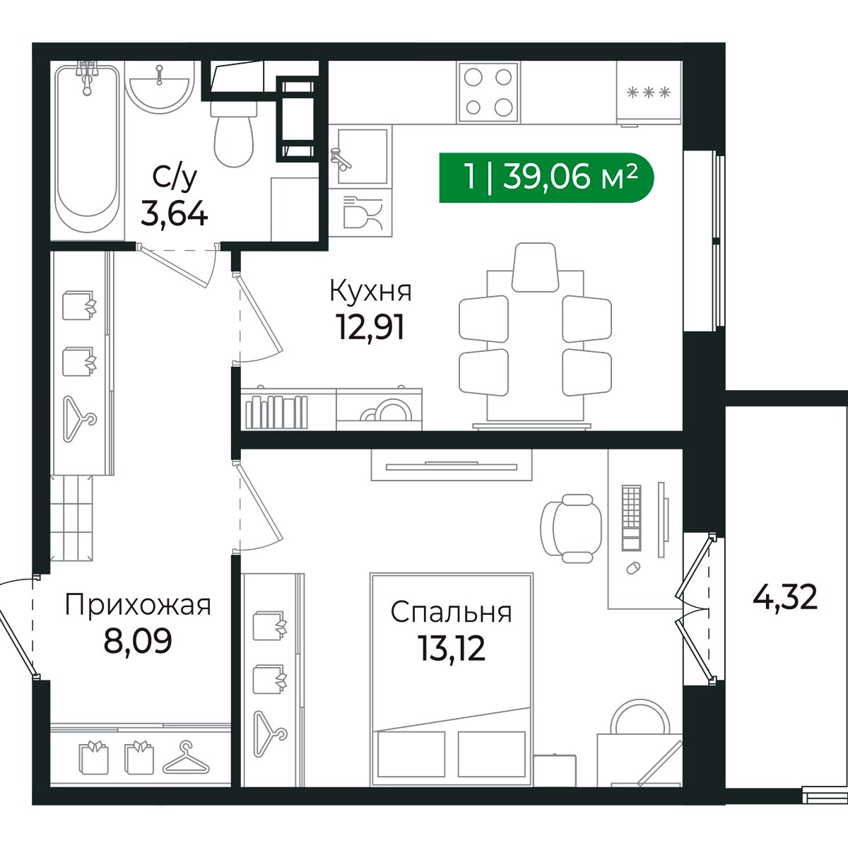 Планировка: 1-комнатная квартира, 37,8 м²