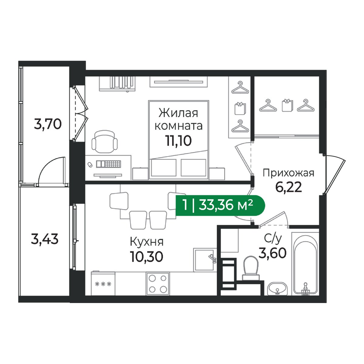 Планировка: 1-комнатная квартира, 33,4 м²