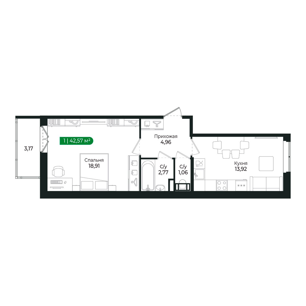 Планировка: 1-комнатная квартира, 41,5 м²