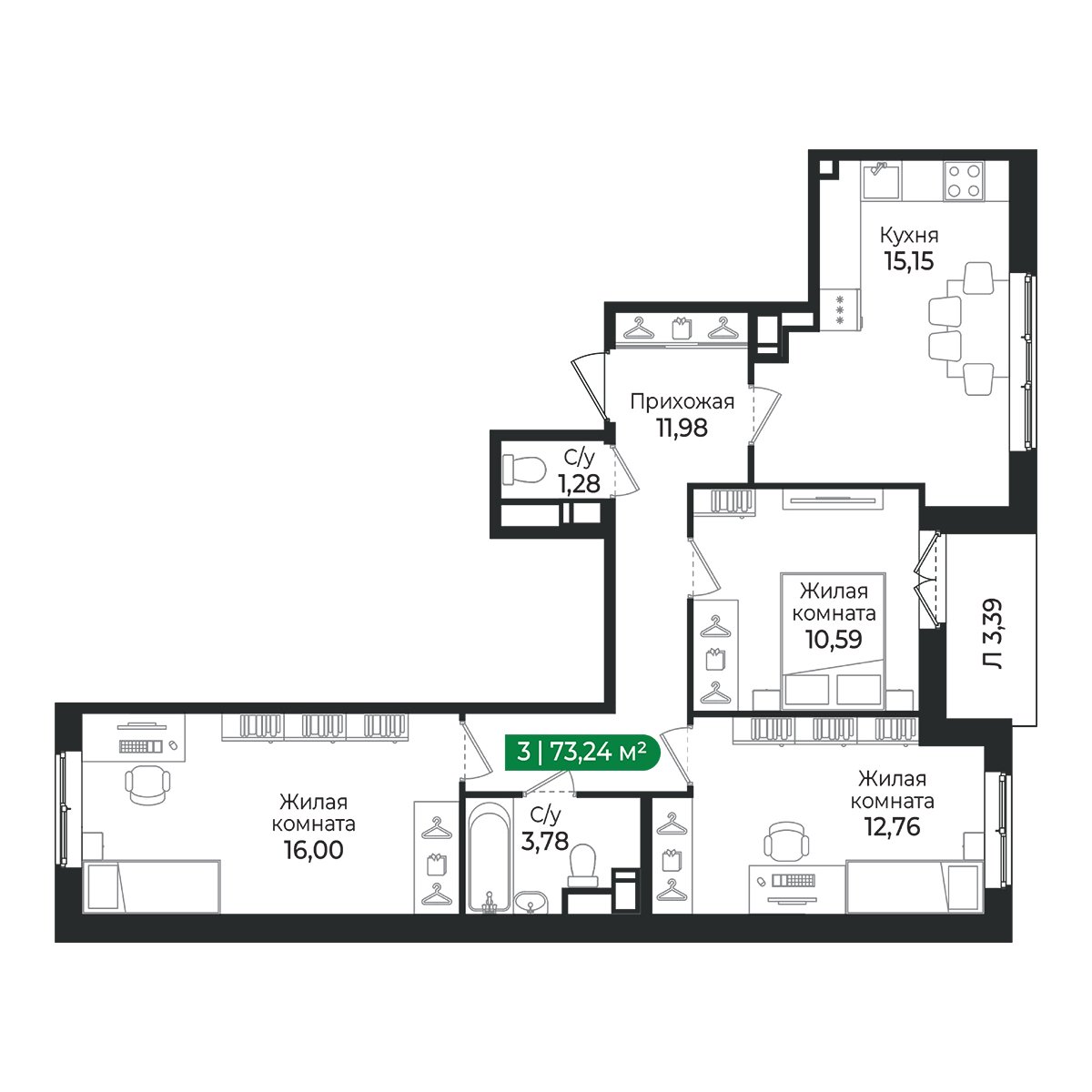 Планировка: 3-комнатная квартира, 73,2 м²
