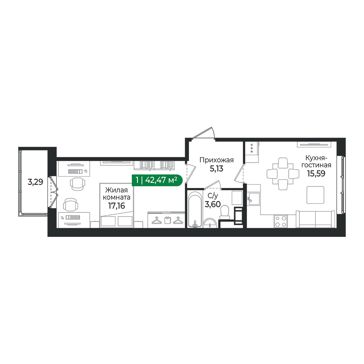 Планировка: 1-комнатная квартира, 42,5 м²