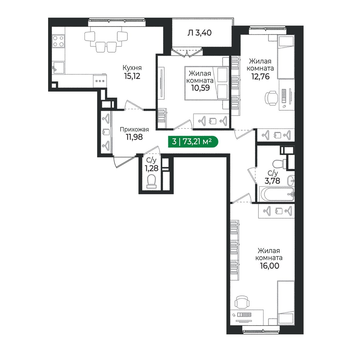 Планировка: 3-комнатная квартира, 73,2 м²