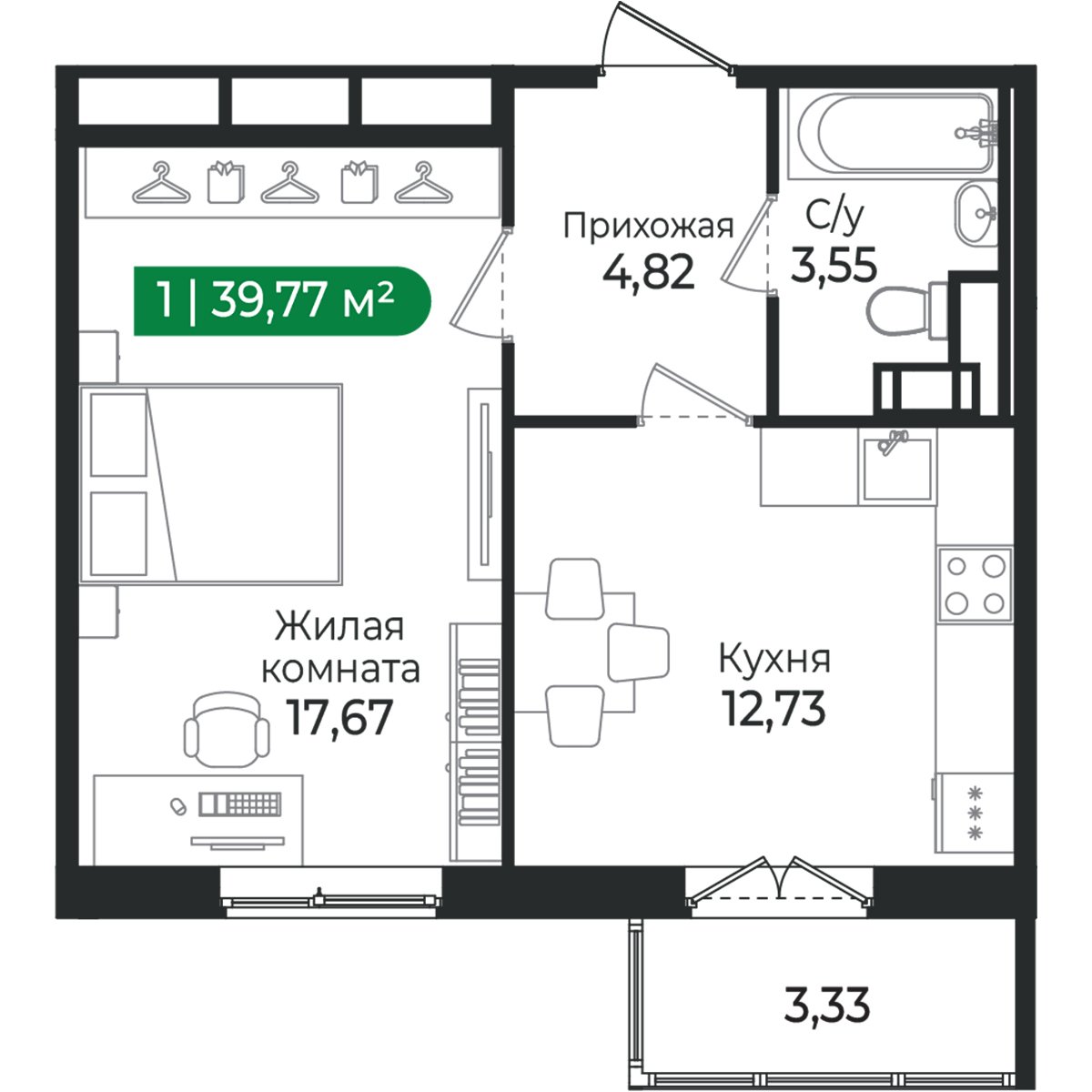 Планировка: 1-комнатная квартира, 39,8 м²