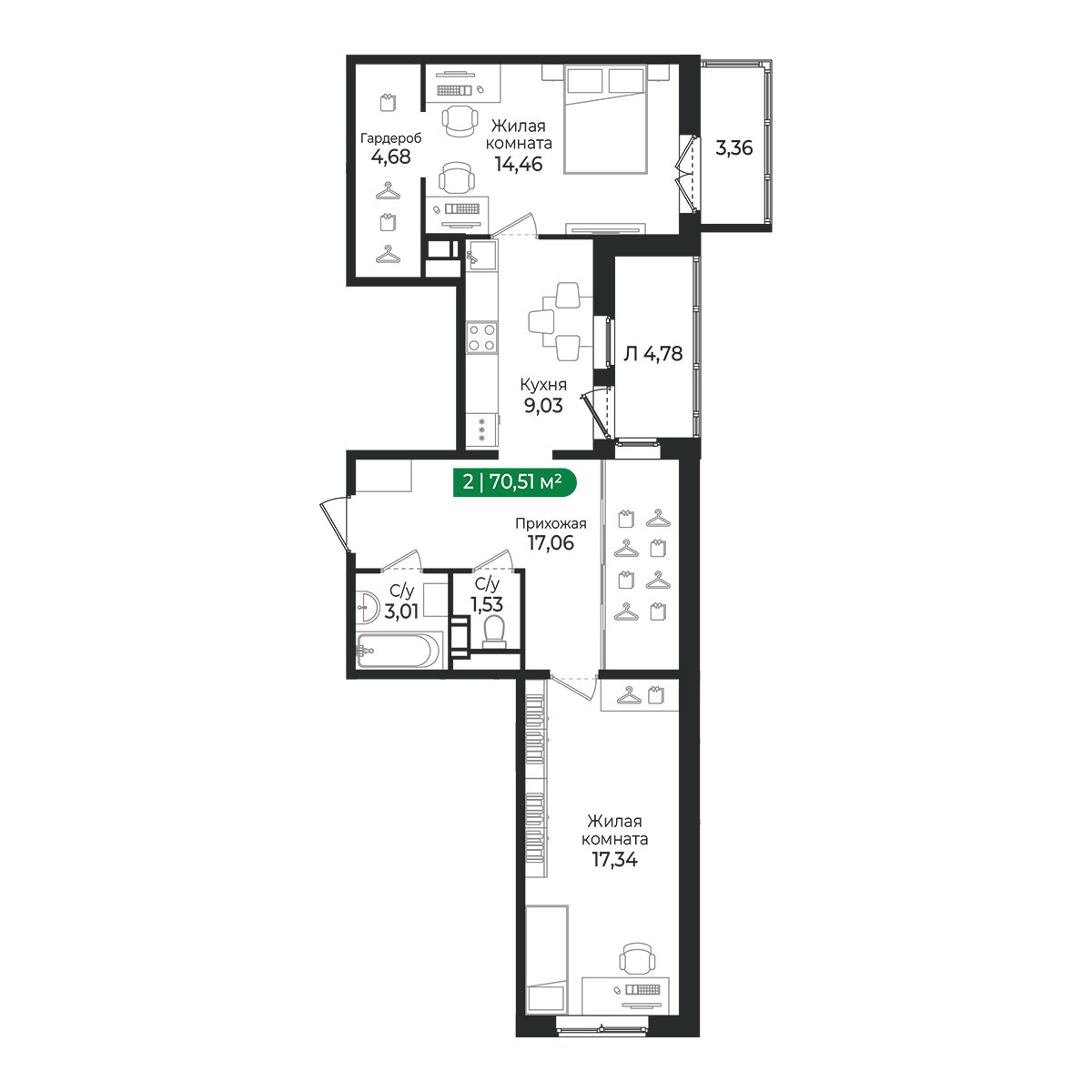 Планировка: 2-комнатная квартира, 70,5 м²