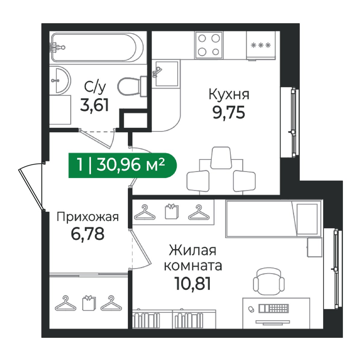Планировка: 1-комнатная квартира, 31,0 м²
