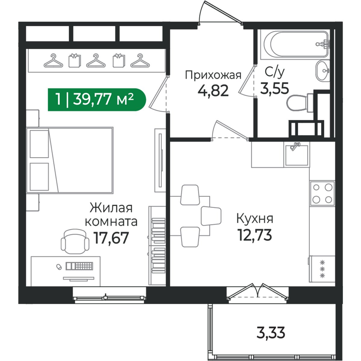 Планировка: 1-комнатная квартира, 39,8 м²