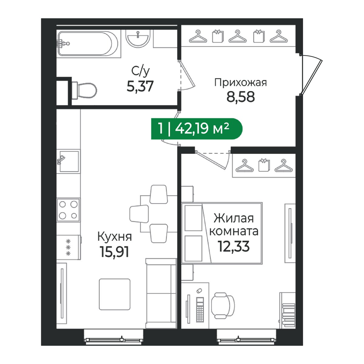 Планировка: 1-комнатная квартира, 42,2 м²