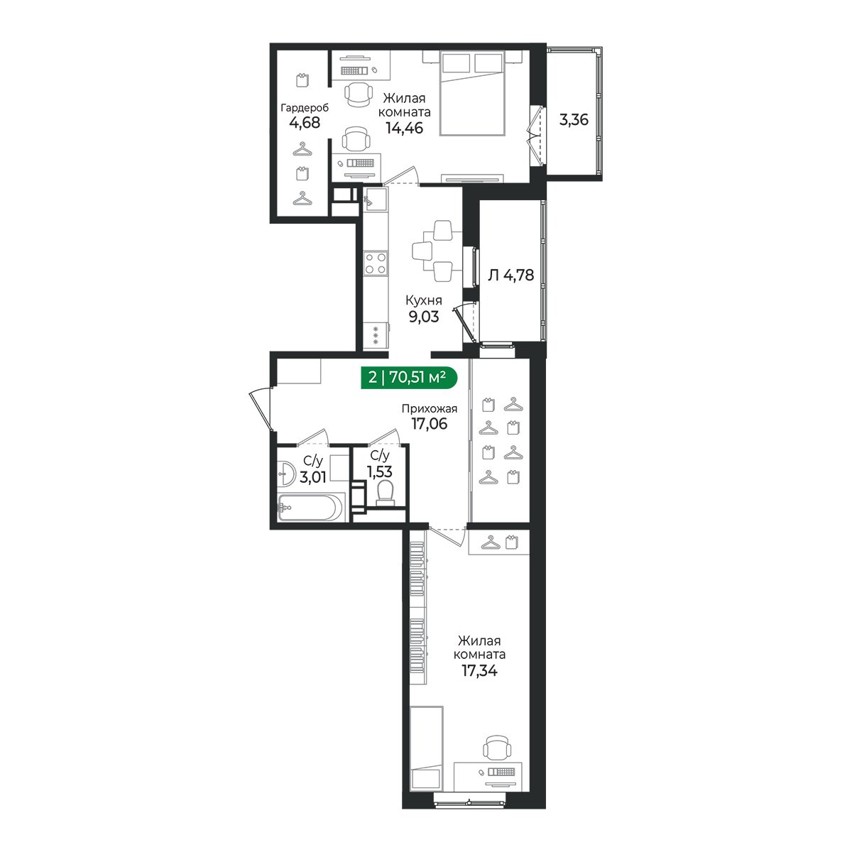 Планировка: 2-комнатная квартира, 70,5 м²