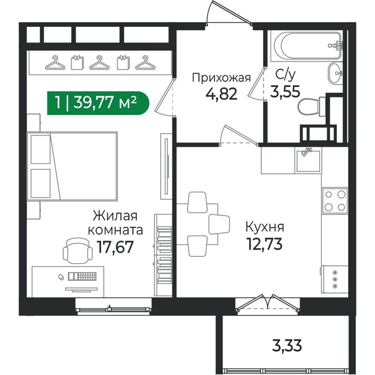 Планировка: 1-комнатная квартира, 39,8 м²