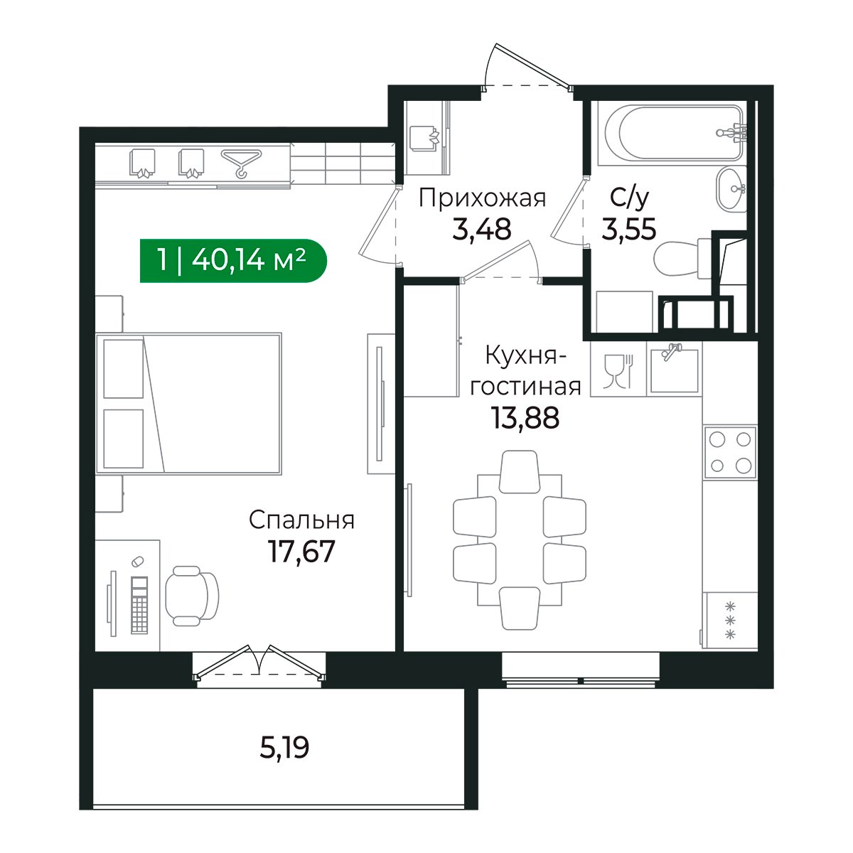 Планировка: 1-комнатная квартира, 38,3 м²