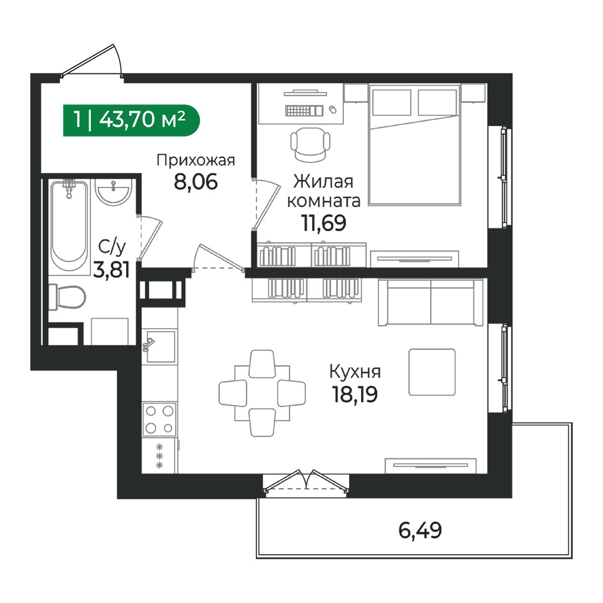 Планировка: 1-комнатная квартира, 43,7 м²