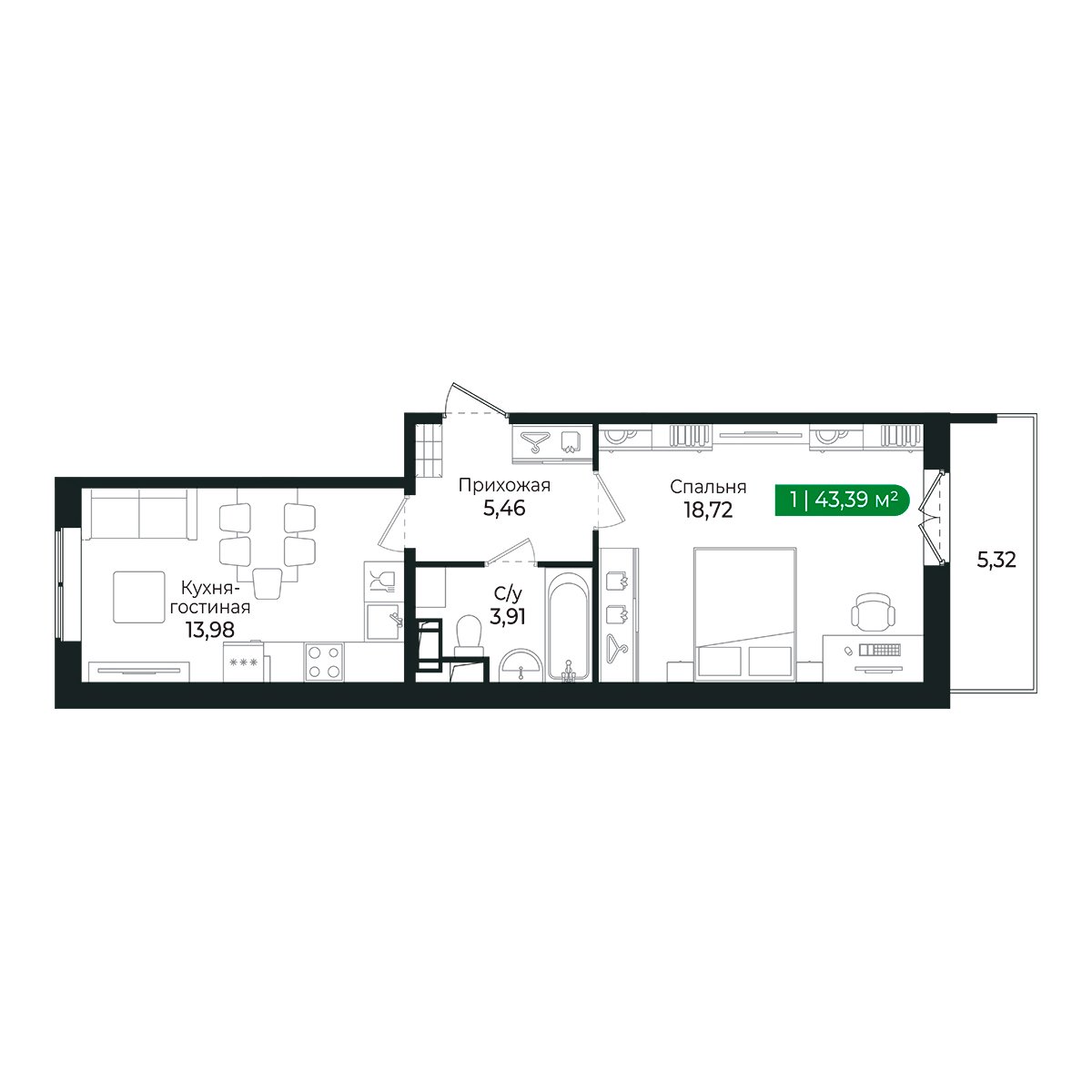 Планировка: 1-комнатная квартира, 41,2 м²