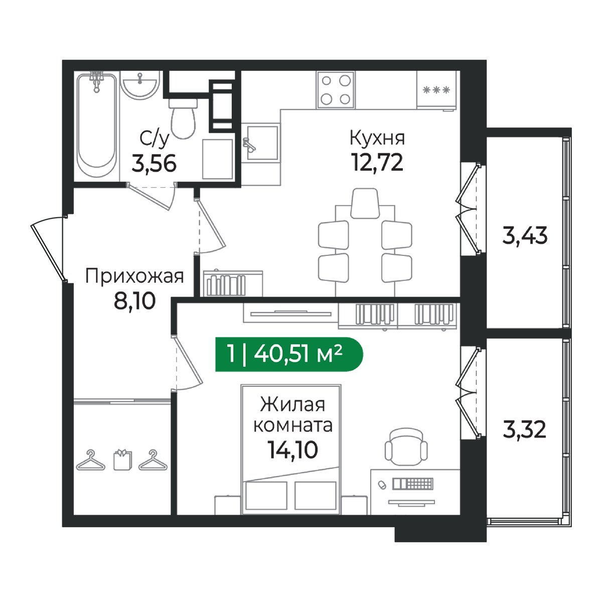 Планировка: 1-комнатная квартира, 40,5 м²