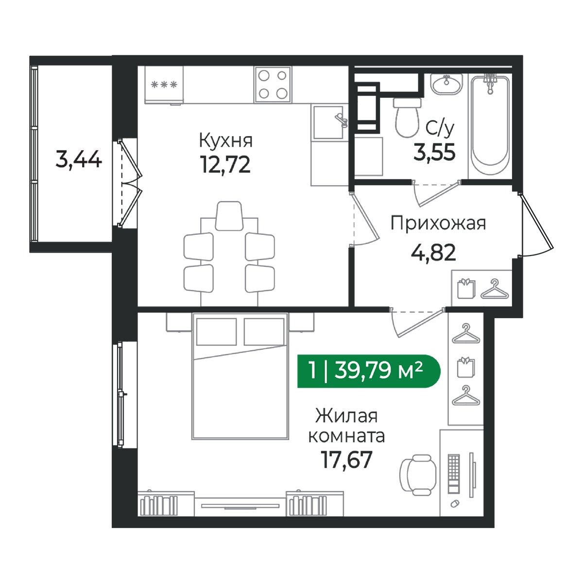 Планировка: 1-комнатная квартира, 39,8 м²