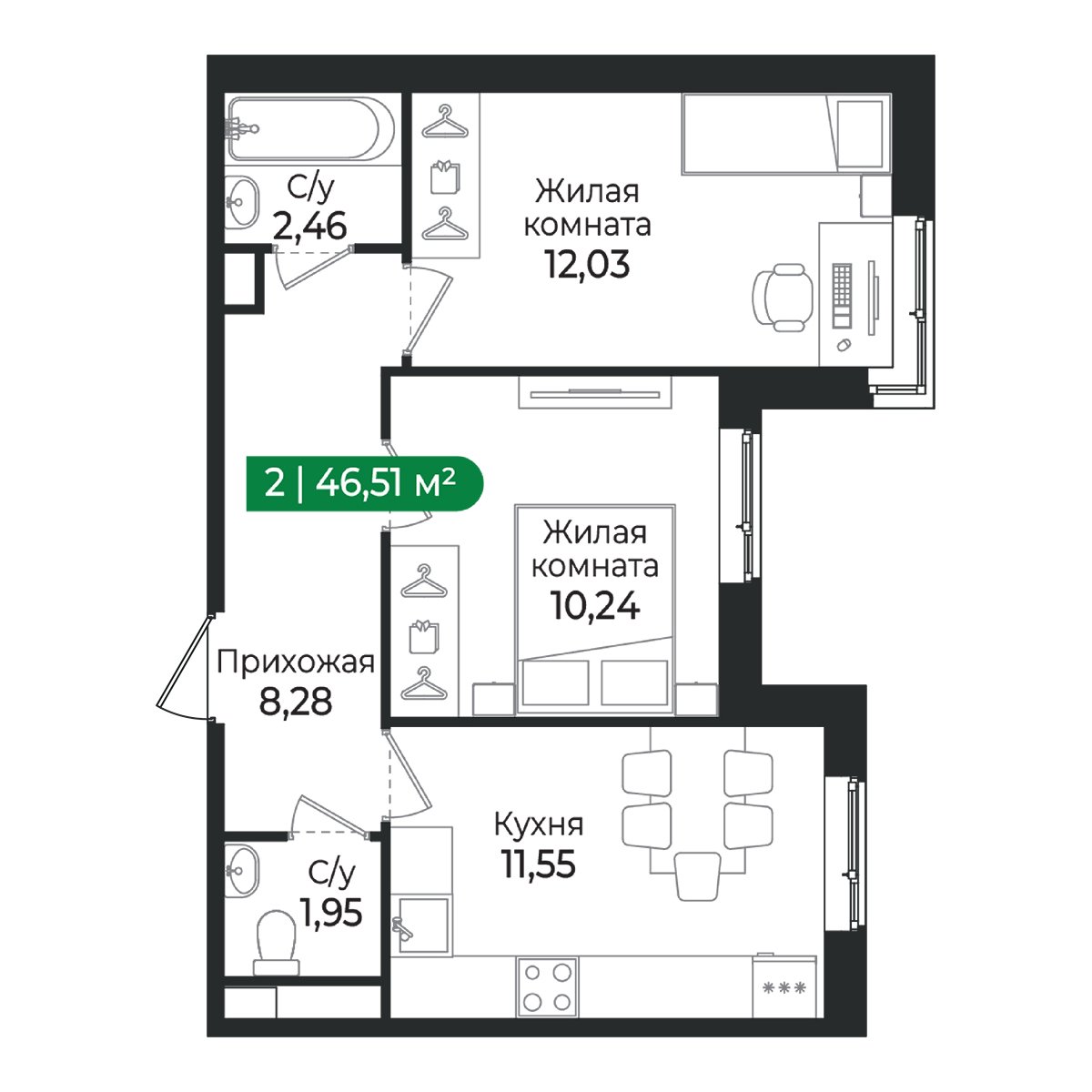 Планировка: 2-комнатная квартира, 46,5 м²