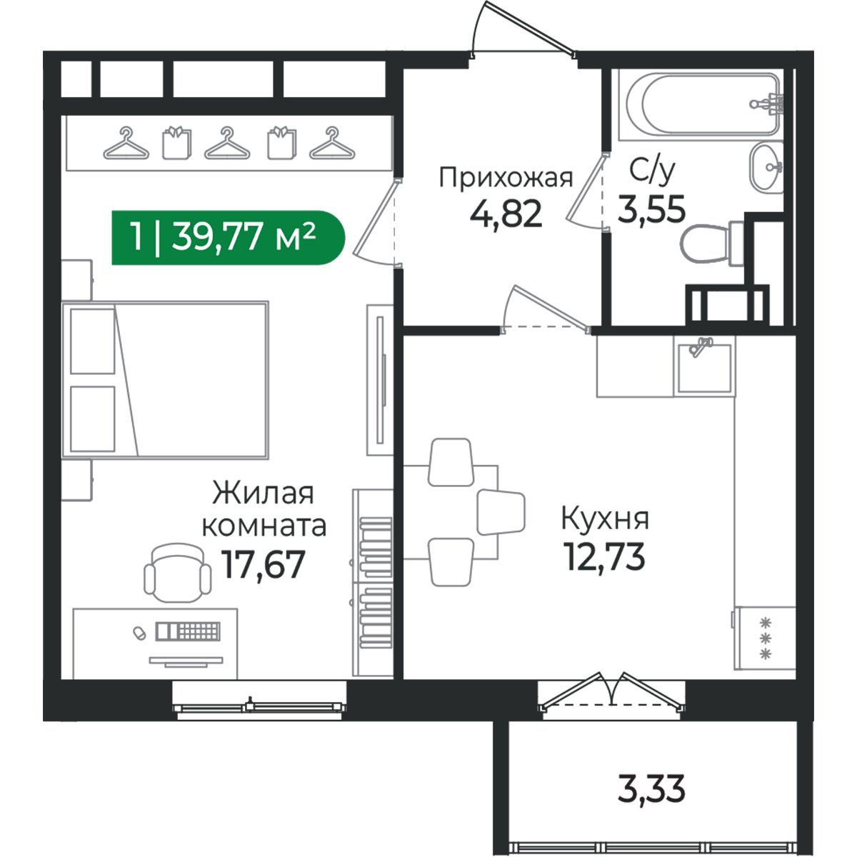 Планировка: 1-комнатная квартира, 39,8 м²