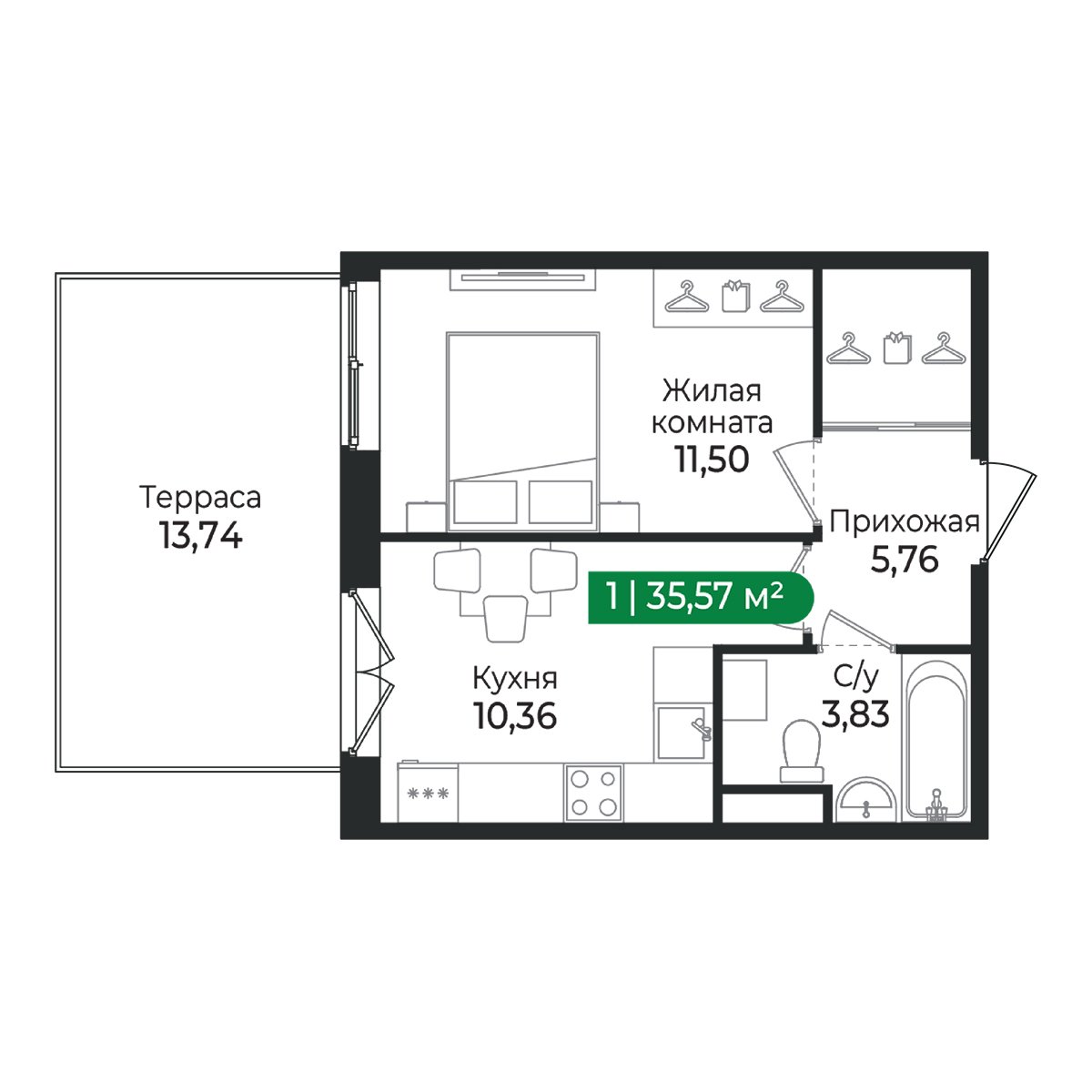 Планировка: 1-комнатная квартира, 35,6 м²