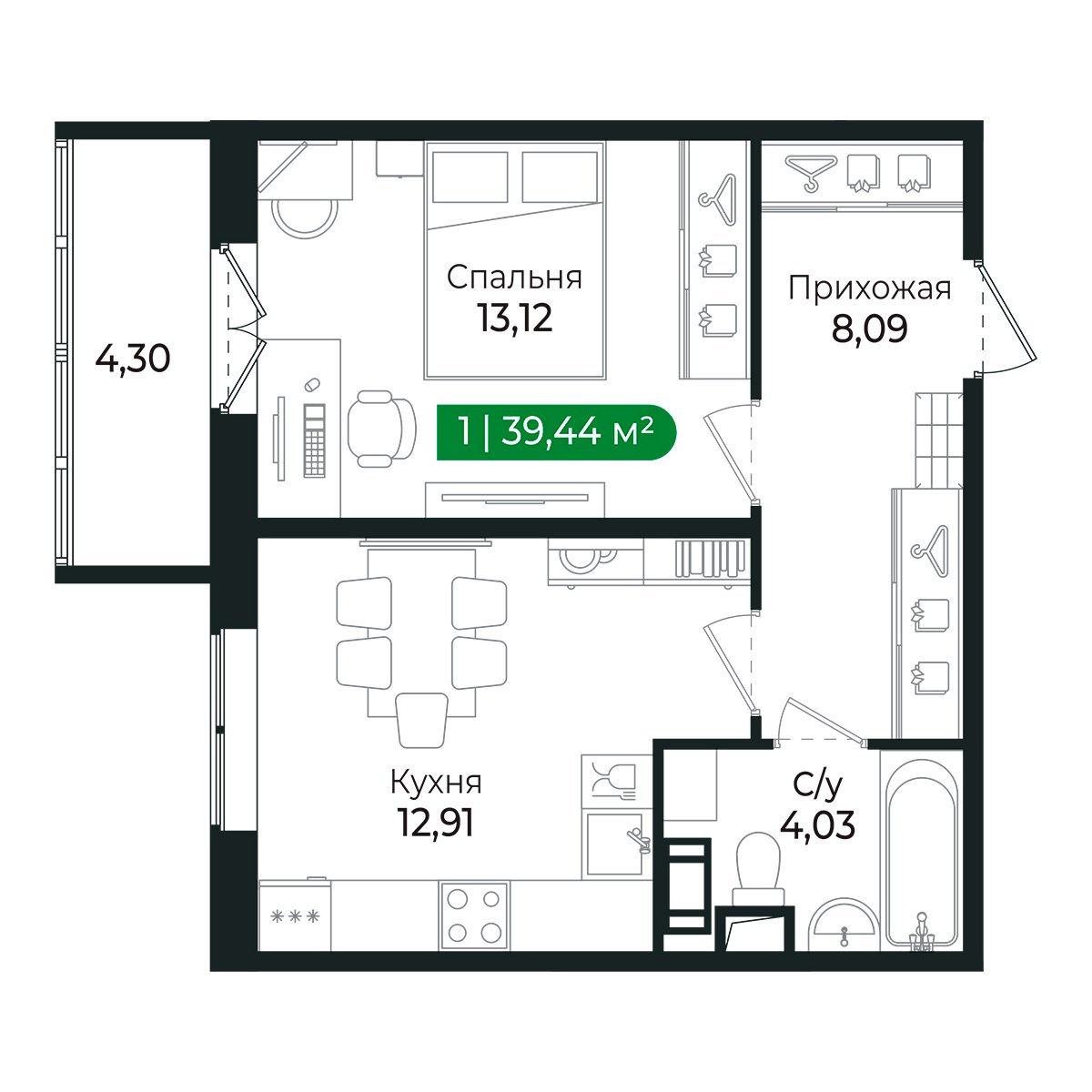 Планировка: 1-комнатная квартира, 38,1 м²