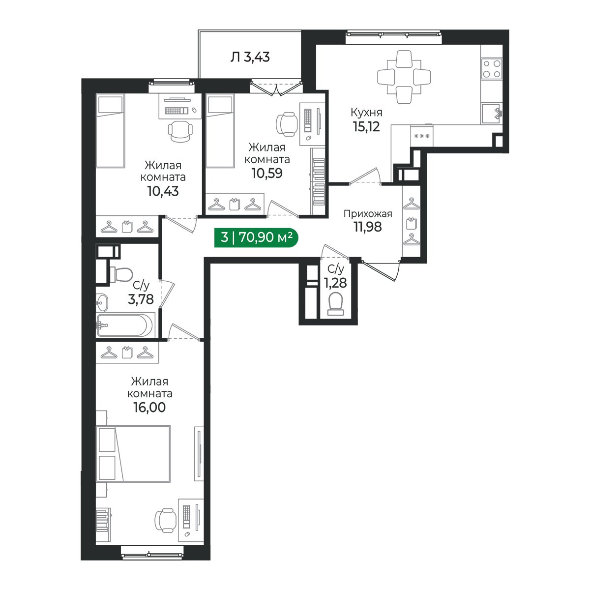 Планировка: 3-комнатная квартира, 70,9 м²