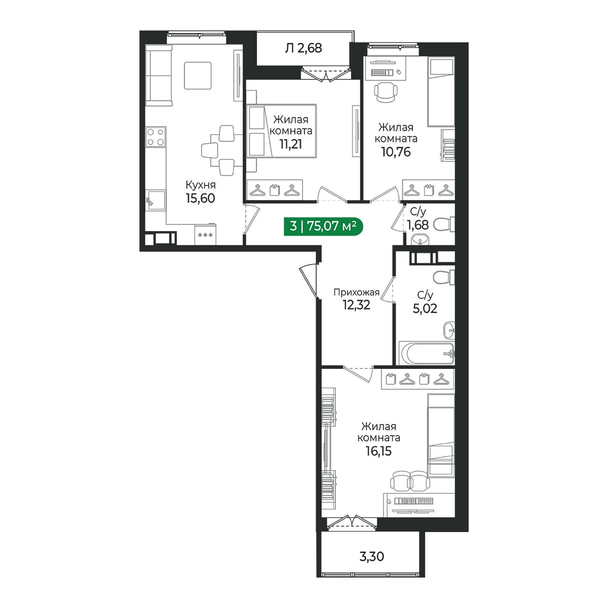 Планировка: 3-комнатная квартира, 75,1 м²