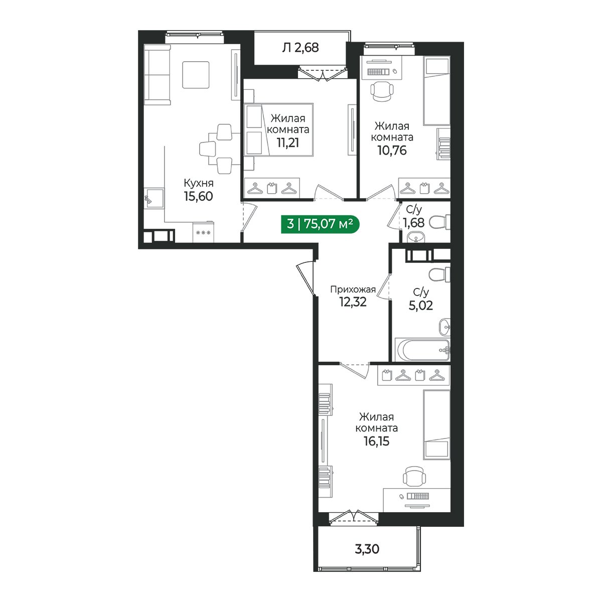 Планировка: 3-комнатная квартира, 75,1 м²
